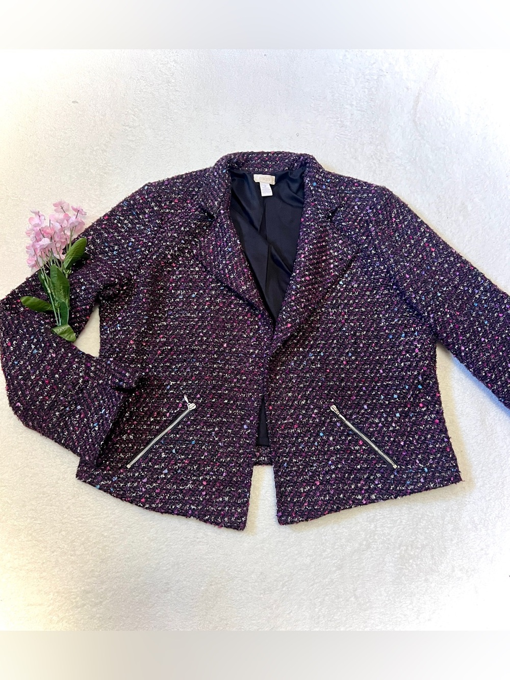 Chico's Metallic Eyelash Tweed Open Front Blazer - Size 2/Large